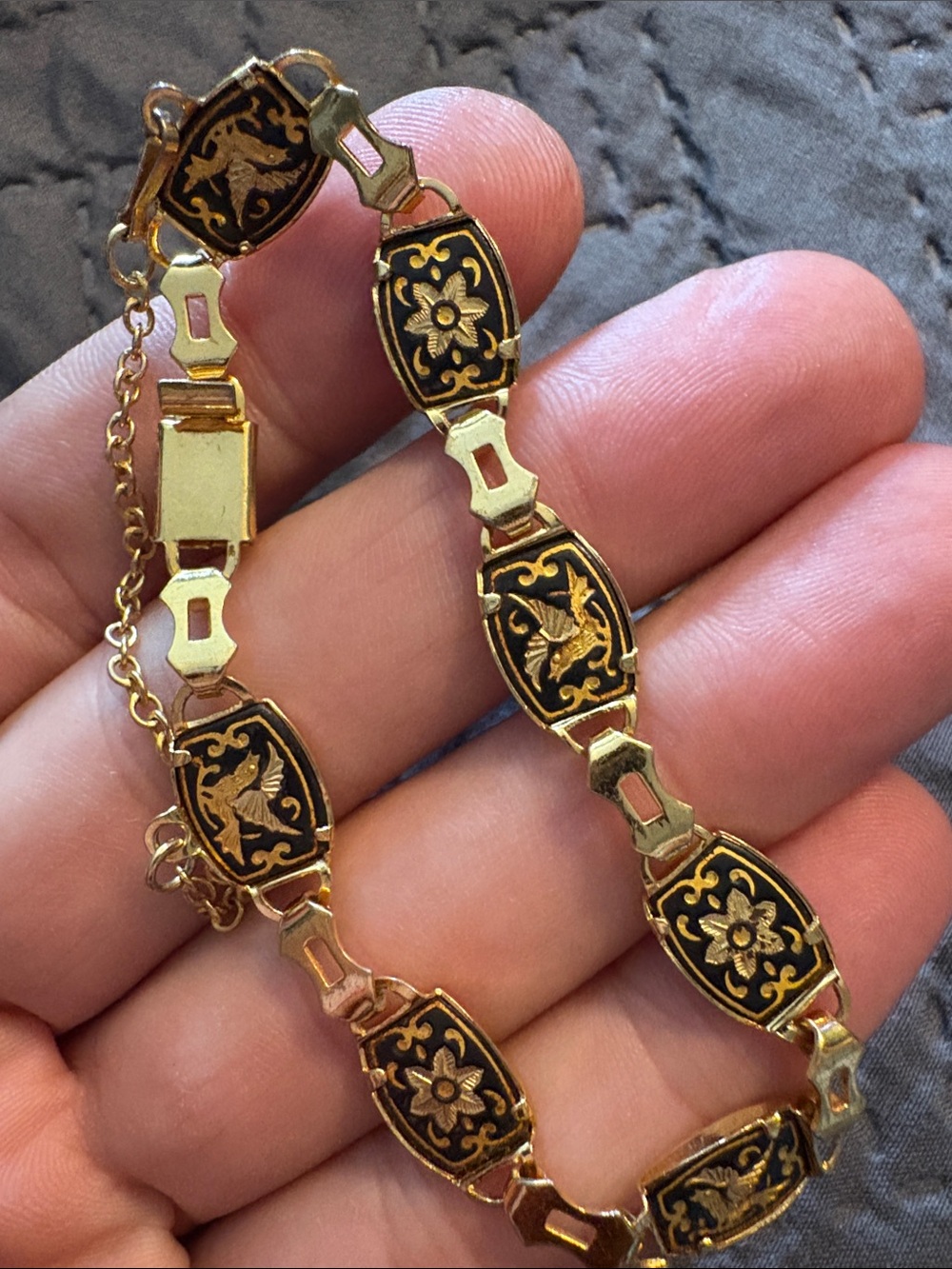 Vintage Spanish Damascus Gold Black Enamel Floral & Bird Link Bracelet